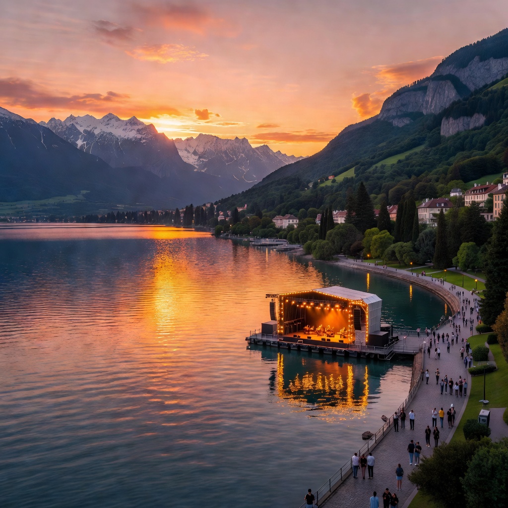 Alpine lake view at sunset representing Montreux jazz scenery