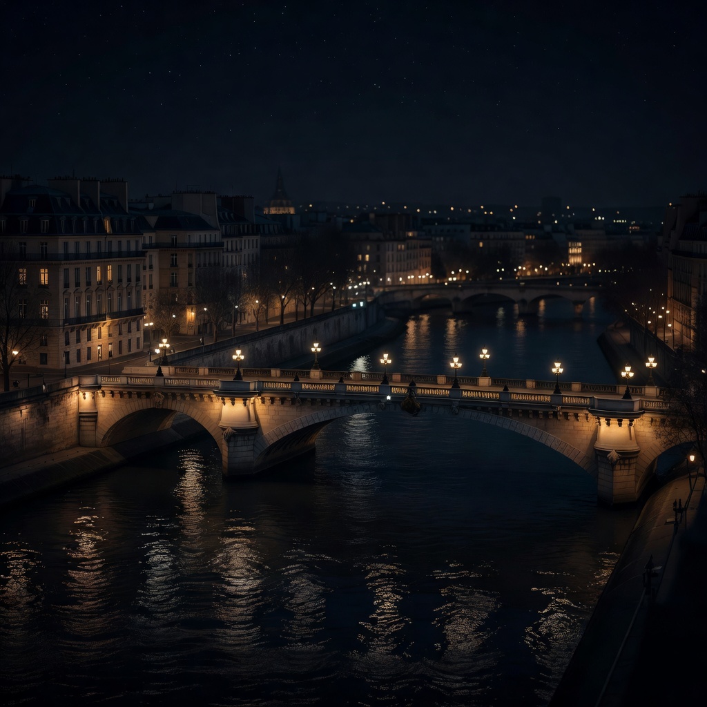 Parisian bridge and river at midnight