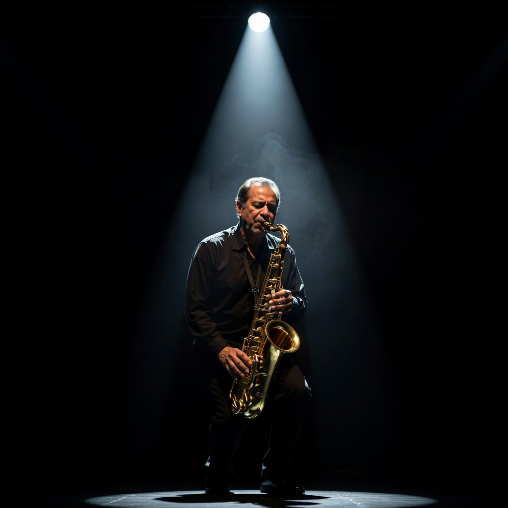Saxophone performance illuminated on dark concert stage